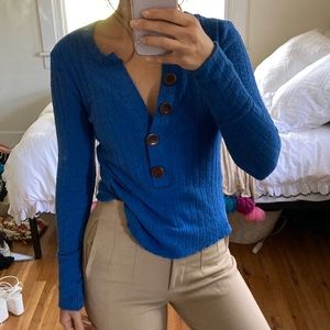 We the Free FP blue sweater top with brown buttons